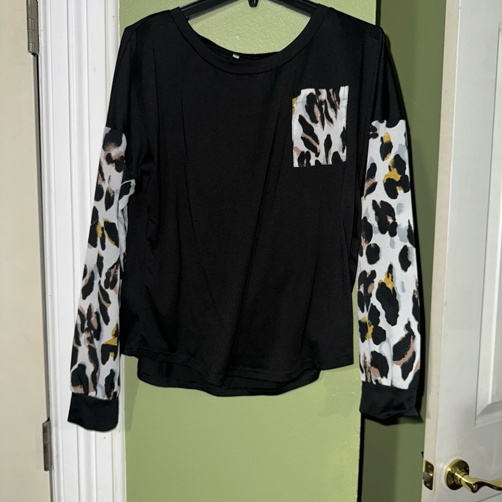 Black Long Sleeve Top with Leopard Print Sleeves